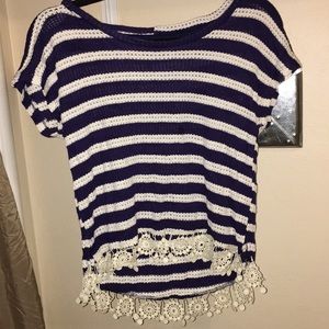 Blue and white striped Blouse with lace trim